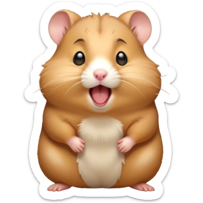 Cinematic Cute Yawning Brown Hamster Portrait Emoji, Head tilted slightly with a dramatic, wide-open yawn, showcasing a smooth, rich brown fur with tiny droopy ears, round dark eyes barely open in drowsy contentment, Simplified yet irresistibly adorable features, highly detailed, glowing with a soft, cozy glow, high shine, relaxed yet expressive, stylized with a touch of whimsy, bright and endearing, soft glowing outline, capturing the essence of a sleepy yet affectionate hamster, so drowsy it feels like it could stretch out of the screen and curl up for a nap! sticker