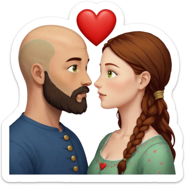 Couple. Bald man with dark brown-black beard. Woman with many small, faded, round freckles, white skin and she has auburn-yellow-brown-caramel-cinnamon dark hair. She has light yellow-brown-green eyes. He have hazel-blue eyes. They look at each other. Many small red hearts around them. sticker