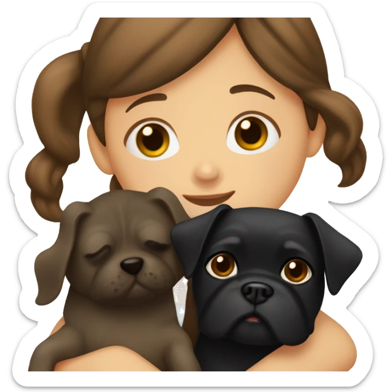 A girl with long brown hair hugs a black dog that looks like a pug. sticker