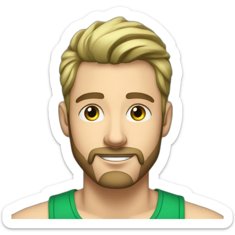 Handsome 34 year old man with dirty blonde hair and kind ocean blue eyes and a short cropped beard wearing a green tank top shirt with broad shoulders listening to music on earbuds sticker