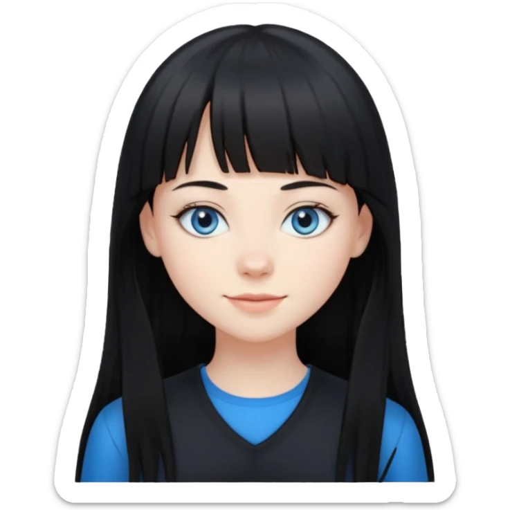 20 yr old woman long straight black hair, pale skin, blue eyes, black clothes, small smile, bangs sticker