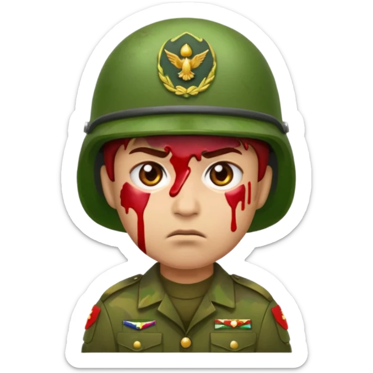 scowling soldier emoji with red skin tone, blood splatter on left cheek, wearing green helmet and military uniform, slightly different expression, 2d apple emoji style sticker