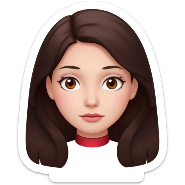 An emoji featuring a woman with dark brown long hair, brown eyes, light pinkish skin, red cheeks sticker