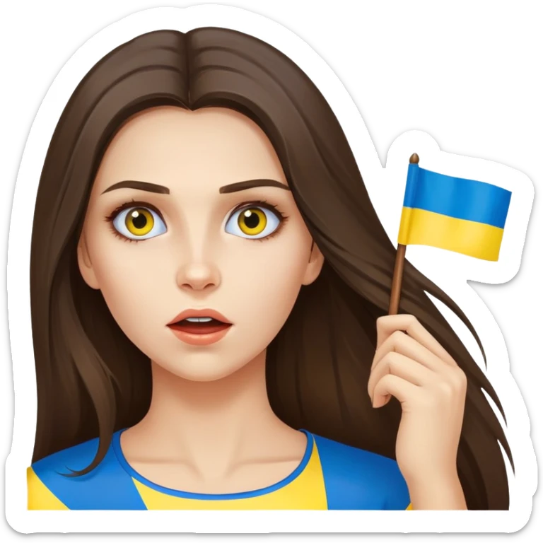 Brunette woman with long hair, Ukrainian flag (blue and yellow) painted on her cheek, surprised expression sticker