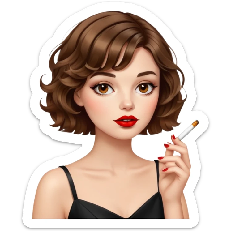 Alluring French girl french shiny brown wavy textured bob haircut tousled hair red lips smoking cigarette sticker
