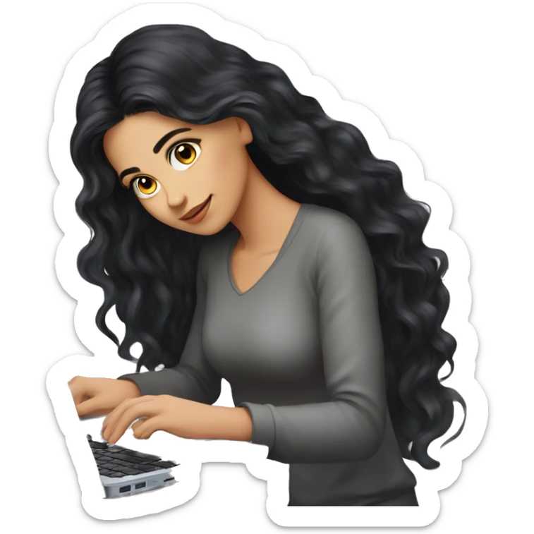 Beautiful girl, Black hair,wavy hair, long hair, Black eyes, Armenian, typing on laptop sticker