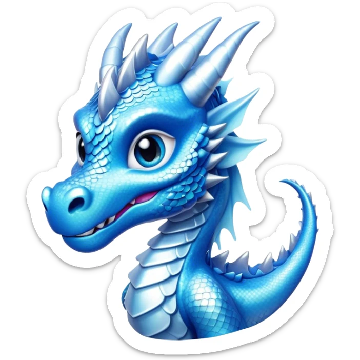Cinematic Cute Beautiful Ice Dragon Portrait Emoji, Head tilted playfully and inquisitively, featuring a sleek, glacial form with intricately detailed, frost-kissed scales in shimmering blues and sparkling silver, accented by delicate ice crystal patterns and a gentle, enchanting glow; rendered with lifelike clarity and soft, natural light, high shine, charming and cool, styled with a touch of wintry fantasy, soft glowing outline, capturing the essence of a mischievous yet endearing ice guardian poised to twirl playfully into your dreams! sticker