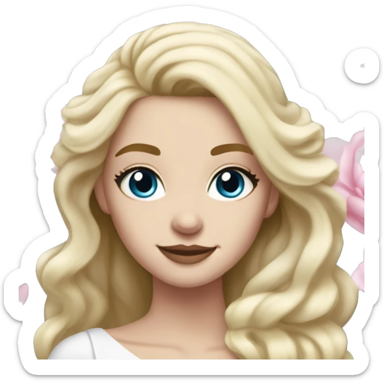 White bride with long light blonde hair and blue eyes with light pink peonies in hair white skin  sticker