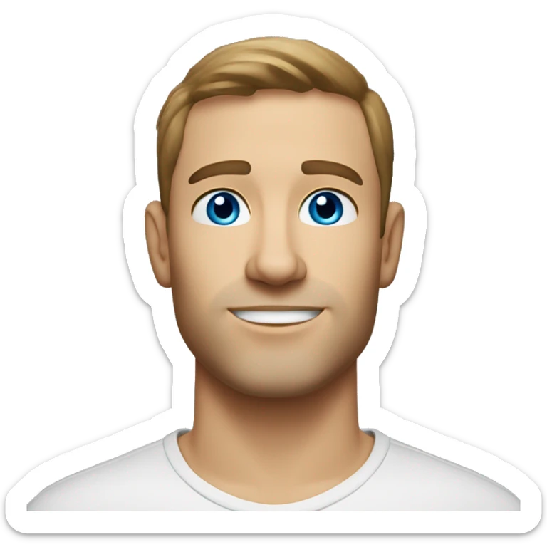 A head and shoulders shot of a 32 year old Caucasian man, with short brown hair,   with blue eyes wearing a t-shirt. sticker