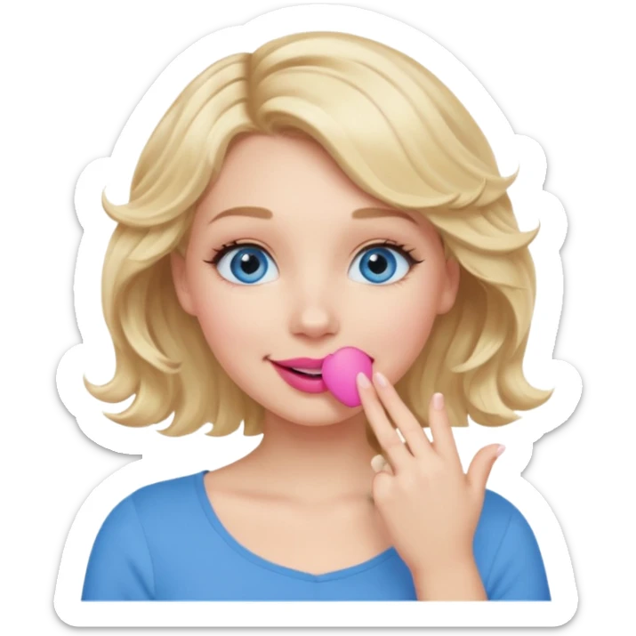 Girl Blonde short wavy hair,  blue eyes, cute blue top, long lashes, pink lips, smiling, hand over the mouth sticker