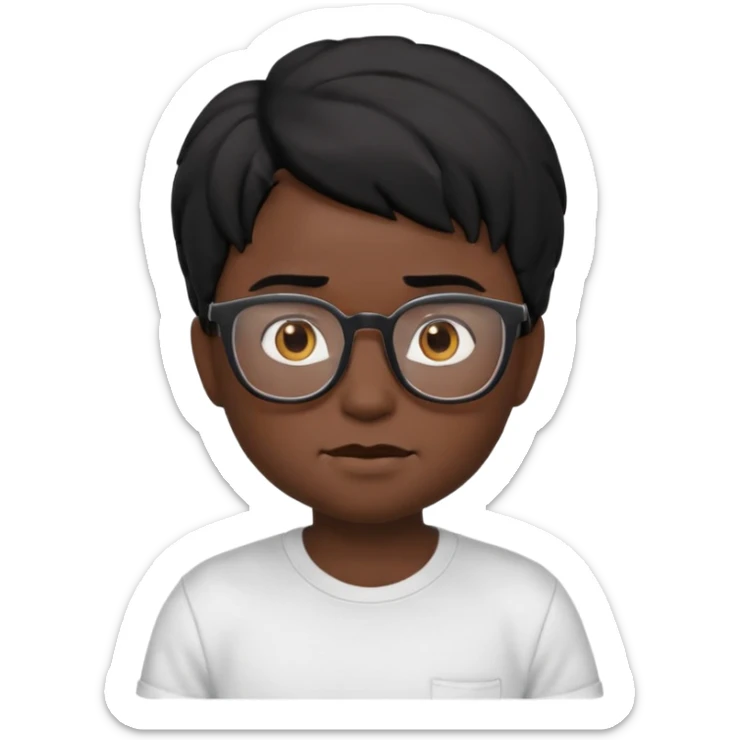 3D cartoon emoji portrait of a young character with black skin, messy black hair, big expressive brown eyes, wearing glasses and a white t-shirt, realistic shading, Pixar-style lighting, smooth texture, cute and slightly funny expression, high-quality render, white background, Apple Memoji style sticker