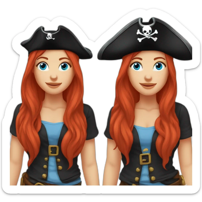 Woman long red hair on one side in a platt.pirate hat. One side of head has no hair. Blue eyes. skull and crossbones t shirt sticker