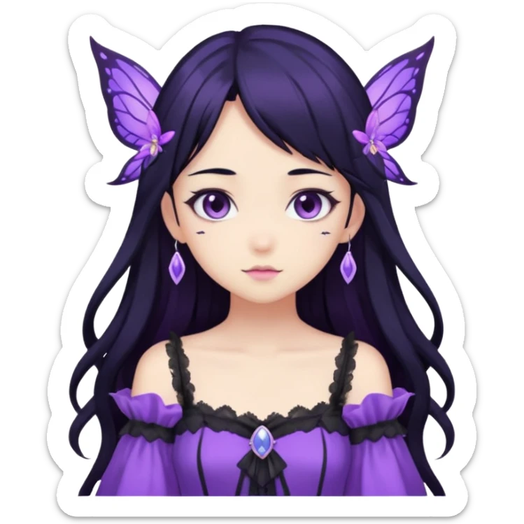 Gothic anime fairy with long beautiful black hair and purple dress, pastelcore, sticker