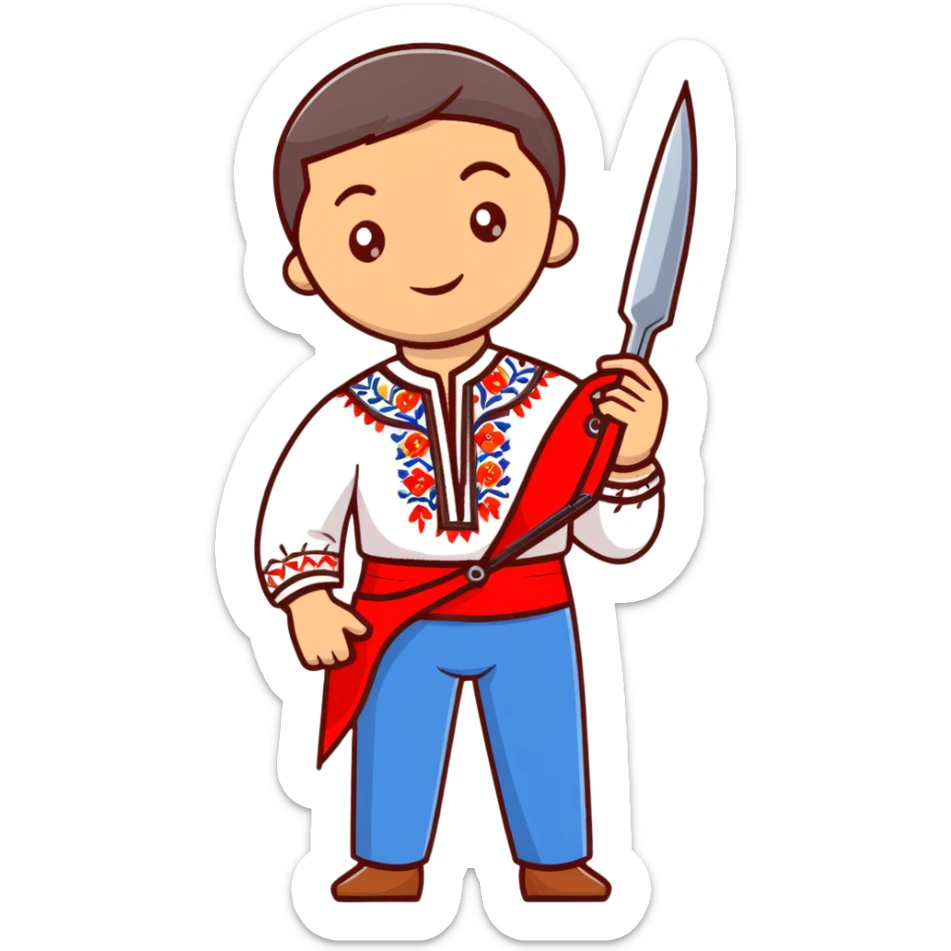 Ukrainian man in traditional embroidered vyshyvanka shirt holding red scissors in one hand and a spanner in the other hand sticker