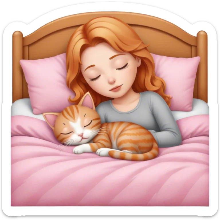 strawberry blonde girl asleep with gray tabby kitten in pink bed sticker