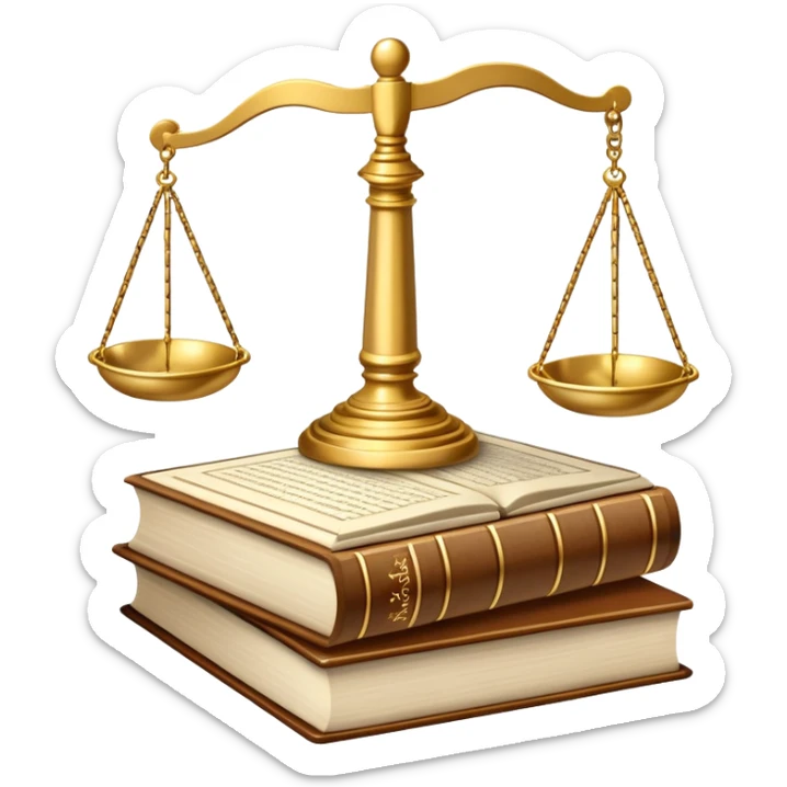 An icon featuring scales of justice, a gavel, and a legal book, symbolizing the study of law. The design includes courthouse pillars in the background, representing authority and legal systems. Transparent background highlights the principles of justice, order, and legal education. sticker