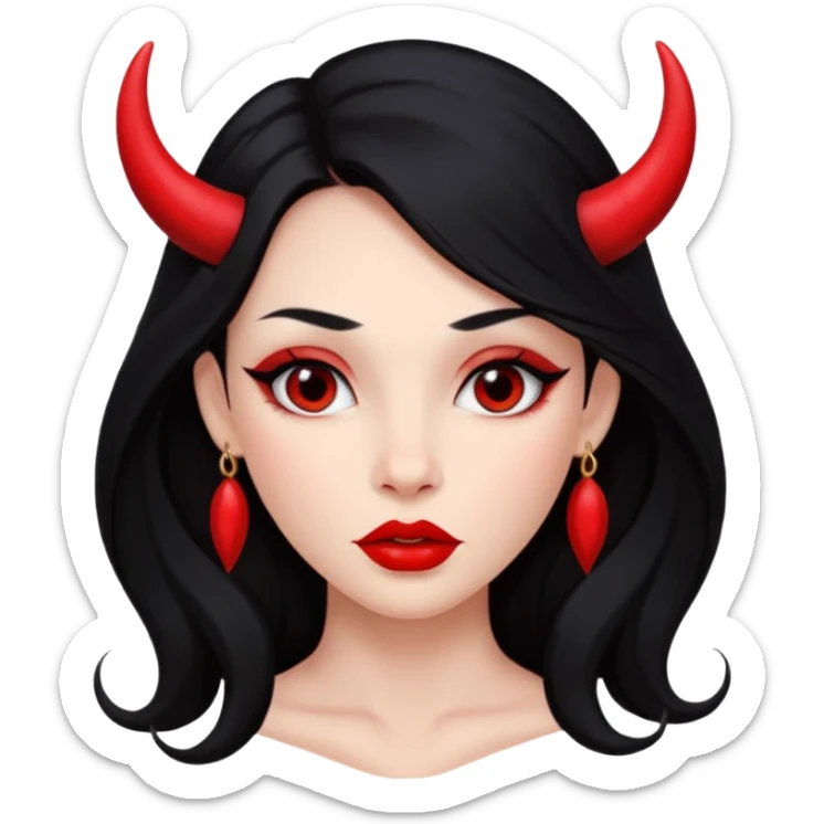 A girl's face with cheekbones, red skin, long black hair, small red horns, big lips sticker