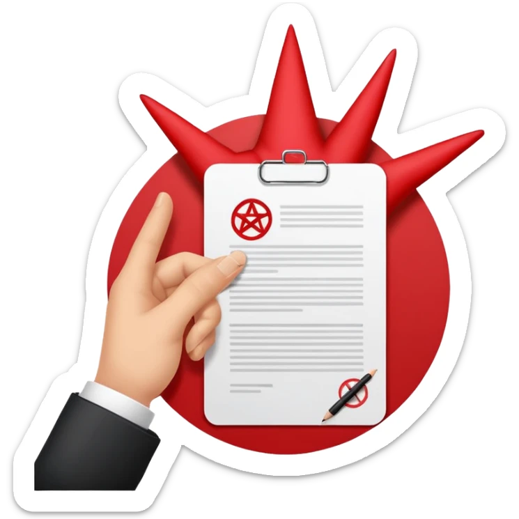 Minimalist emoji-style sticker of a hand signing a contract that says “YOUR SOUL” in bold letters, red ink, pentagram seal sticker