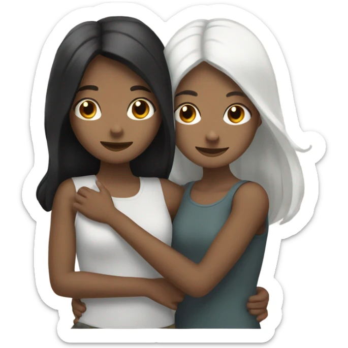 2 girls hugging each other one who is pale with black straight hair and one who is white with brown wavy hair sticker