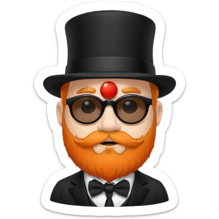 dwarf with a beard, a hairy body black sunglasses and a black top hat on his head. He also has a black tie on his chest. His nose is orange and his skin is pale white. sticker