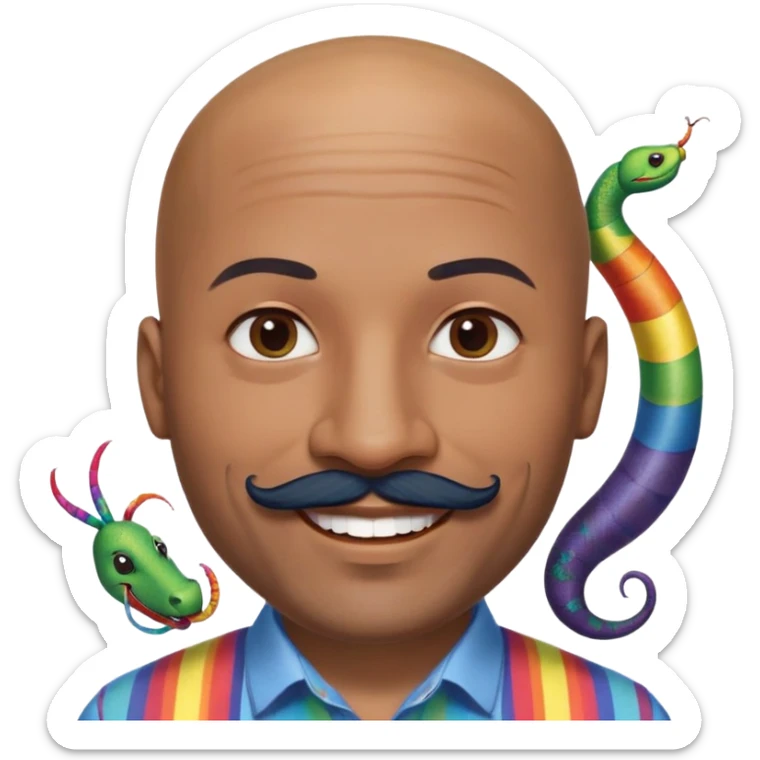 Oxumarê as a very happy and spontaneous smiling 37-year-old bald man with very dark skin, smooth oval head, indigenous facial features, mustache with circular beard only on chin, a round mole on the right side below the lip, wearing a blue striped dress shirt, with rainbow serpent, Memoji style sticker