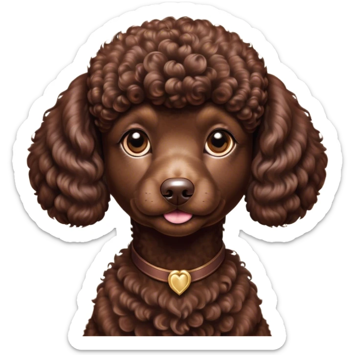 Cinematic Noble Chocolate Poodle Portrait Emoji, Poised and regal, with a refined, elegant build and a meticulously groomed, curly chocolate Fur, deep-set soulful brown eyes, Simplified yet sharp and sophisticated features, highly detailed, glowing with a soft, dignified glow, high shine, intelligent and graceful, stylized with an air of sophistication, focused and attentive, soft glowing outline, capturing the essence of a watchful and confident companion, so majestic it feels as though it could prance out of the screen with effortless authority! sticker