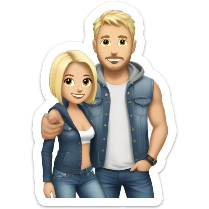 A blonde girl with short hair and a tank top and short jeans holding hands with a handsome tall blonde man with a Jason Alden hoodie on  sticker