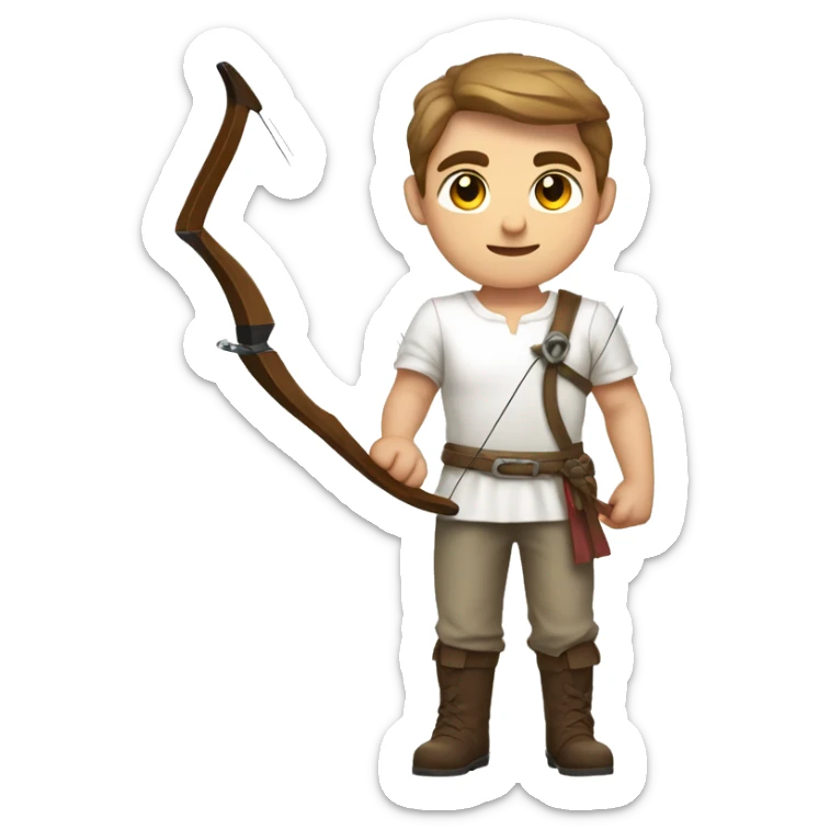 a male archer with a bow, wearing a white shirt, very short brown hair, bright skin, only show upper part of the body from waist up sticker