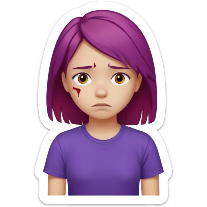 Young girl with red, damaged, and unattractive hair, wearing a purple T-shirt, with a sad and subdued expression. sticker
