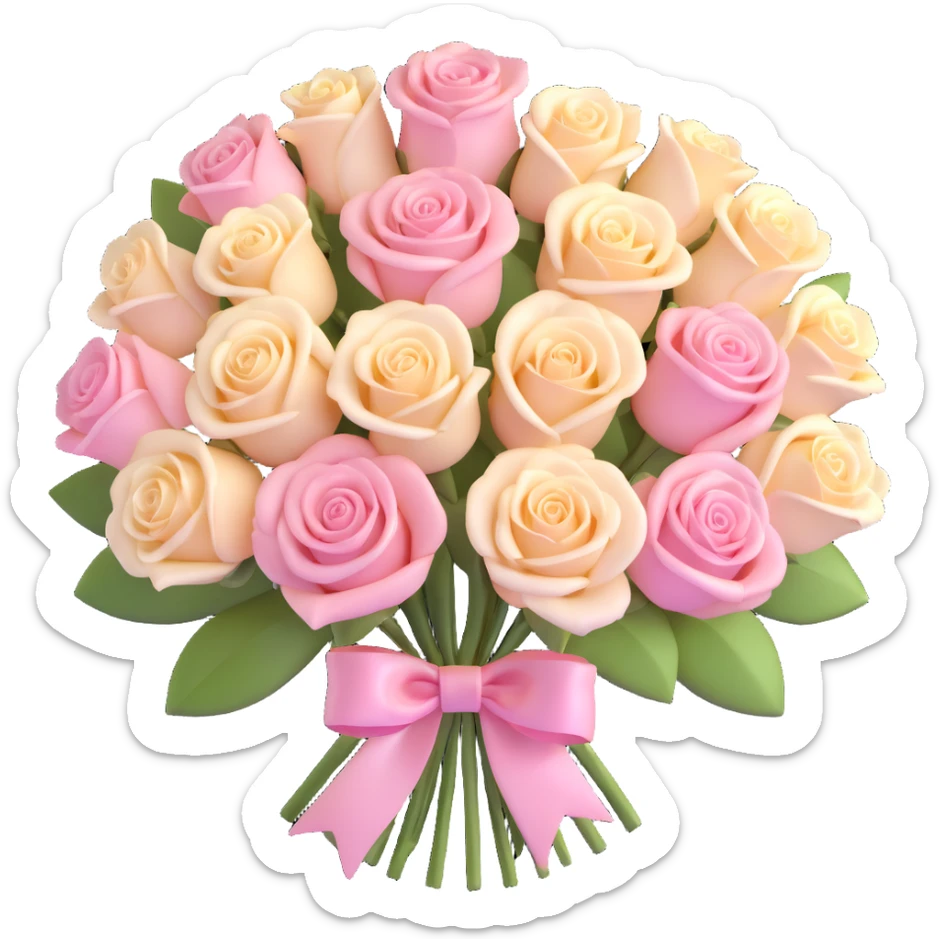 elegant rose bouquet with pink and cream roses, shiny and smooth, detailed petals, pastel wrapping, cute ribbon sticker