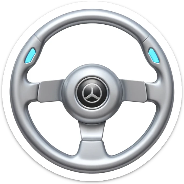 A futuristic steering wheel emoji made of silver chrome, minimal geometric design, smooth metallic surface, soft reflections, iOS emoji style, centered, clean white background sticker