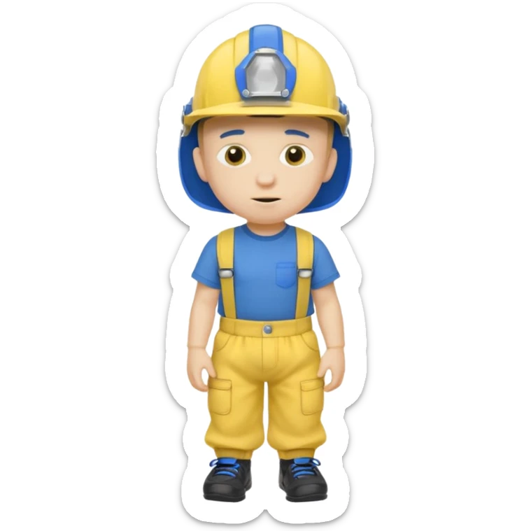 a character with a blue helmet,a pencil up his nose,a yellow shirt what says jeffy,and a nappy/diaper on the outside of hiv navy pants and black shoes sticker