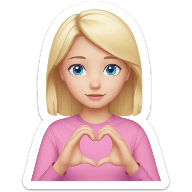 Realistic Blonde girl blue eyes, pink shirt, making heart sign with hands sticker