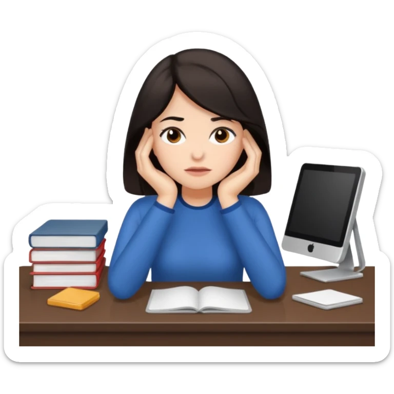  iOS emoji style - An overwhelmed woman sitting at a desk. She has dark hair. sticker
