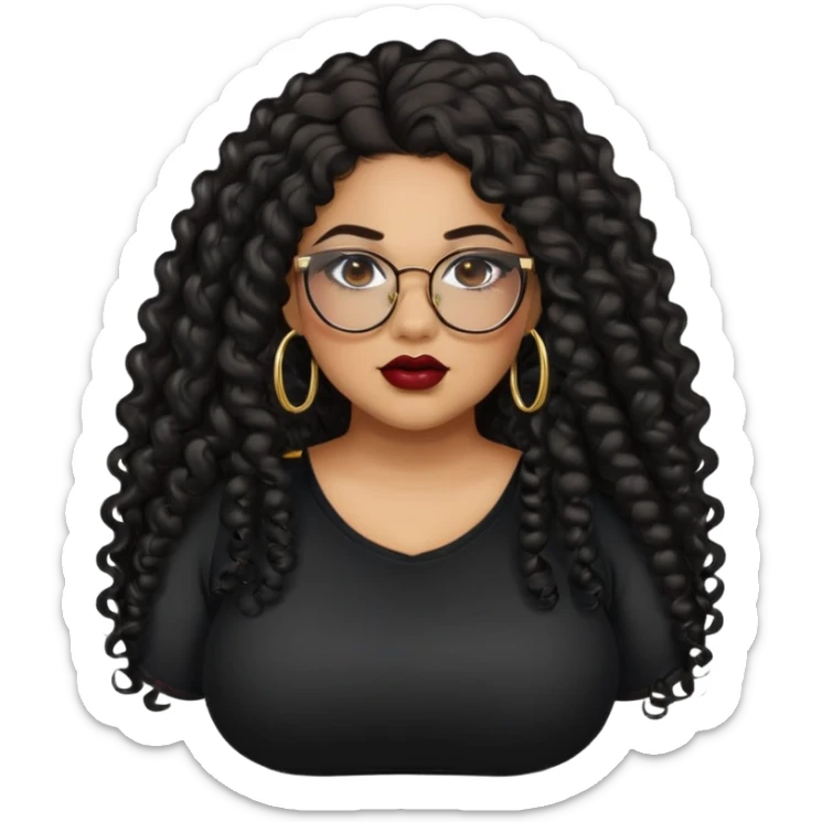 teen big plus size, latina, darker tan skin, gold hoops, long black curly hair, baddie,pretty, makeup, dark red lipgloss, black eyeliner, long hair, black shirt, black glasses sticker
