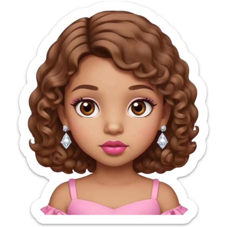 light brown skin tone, very adorable toddler, with big plump lips, long long lashes, brown curly bob, brown eyes, pink dress, diamond stud earrings sticker