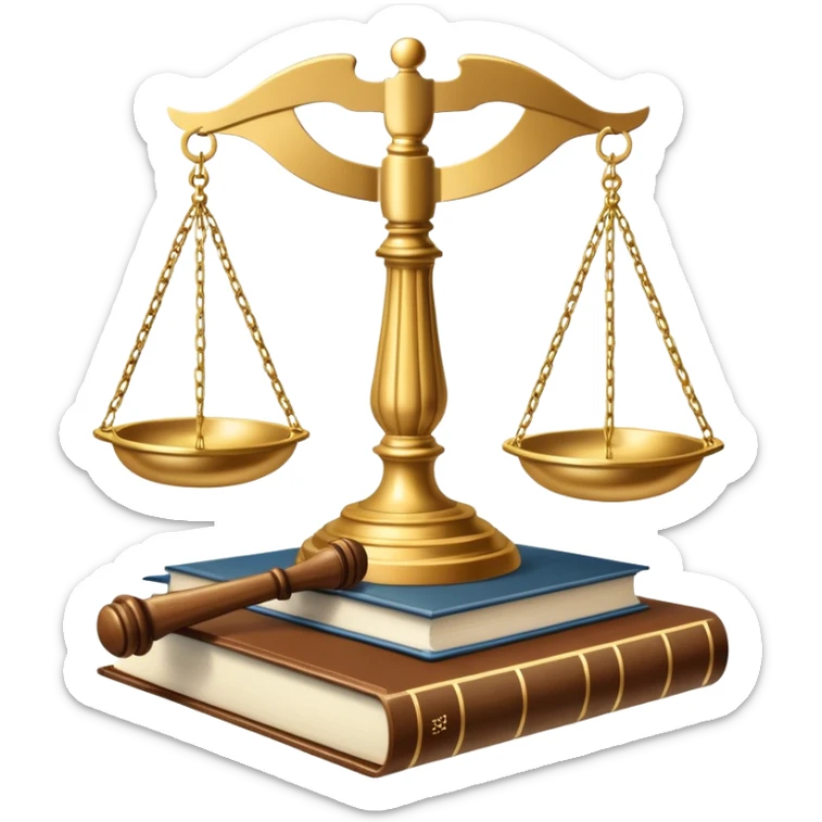 An icon featuring scales of justice, a gavel, and a legal book, symbolizing the study of law. The design includes courthouse pillars in the background, representing authority and legal systems. Transparent background highlights the principles of justice, order, and legal education. sticker