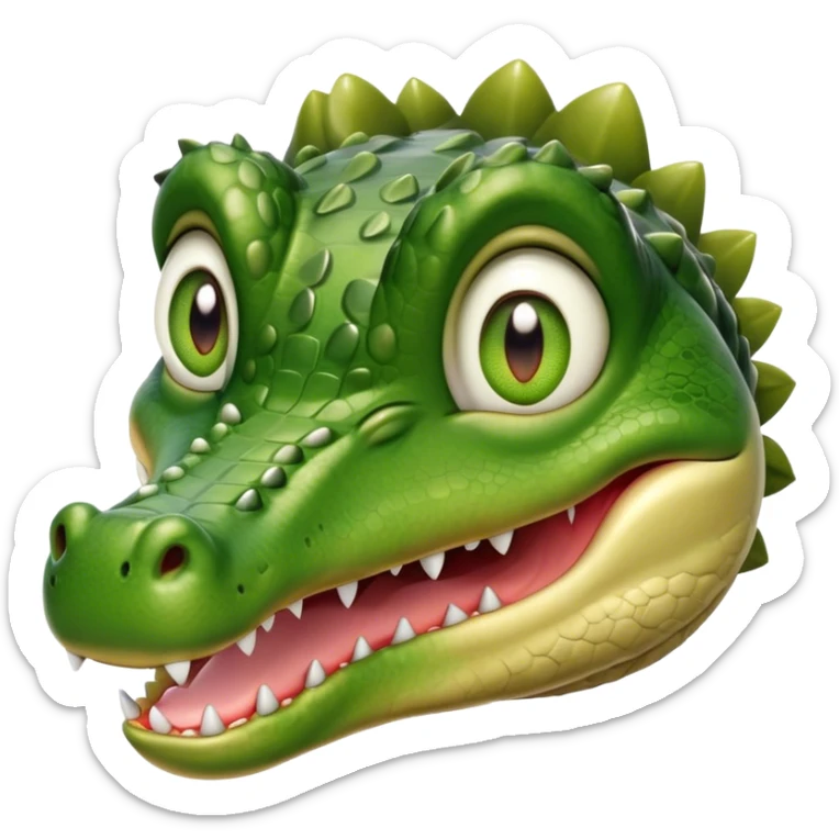 Cinematic Realistic Cute Crocodile Portrait Emoji, Head tilted playfully and inquisitively, featuring a robust, well-defined build with intricately detailed, glossy olive-green scales and a surprisingly endearing face with round, sparkling eyes full of unexpected charm, rendered with lifelike texture and natural highlights, high shine, affectionate and spirited, styled with a touch of wild whimsy, soft glowing outline, capturing the essence of a mischievous yet lovable crocodile that seems poised to snap playfully out of the screen into your arms! sticker