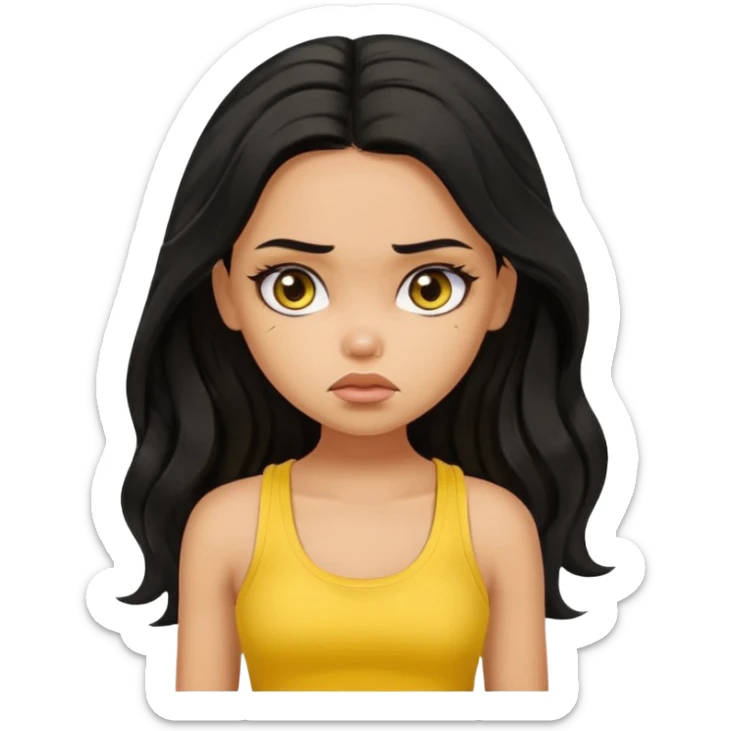 a pretty bratz girl with long wavy black hair, wearing a yellow tank top. looking sad sticker