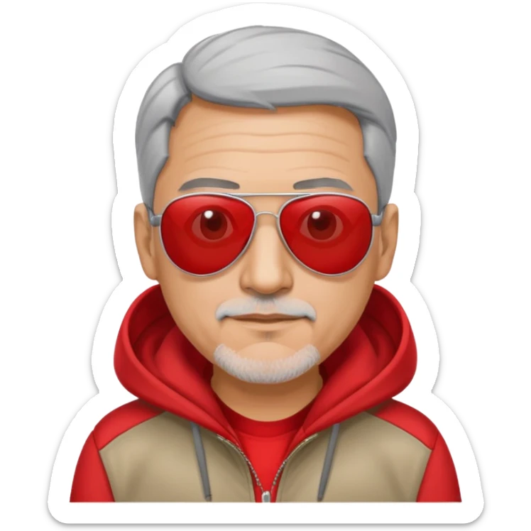 50-year-old man with some grey hair, aviator sunglasses, wearing a red hoodie sticker