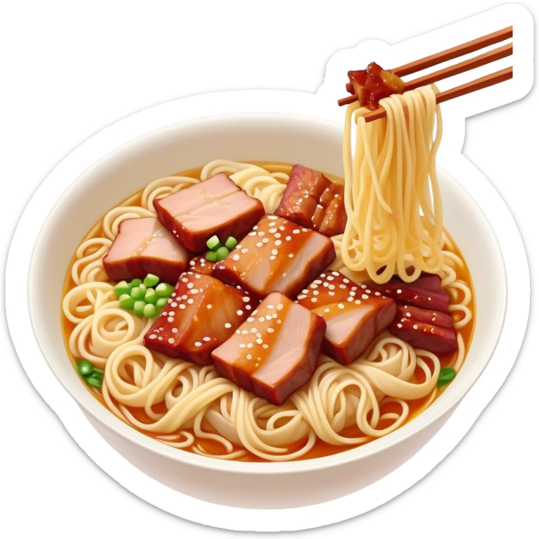 Cantonese Wonton Noodles with char siu pork, simplified emoji style with bold outlines and bright colors, cartoon style Hong Kong style thin egg noodles sticker
