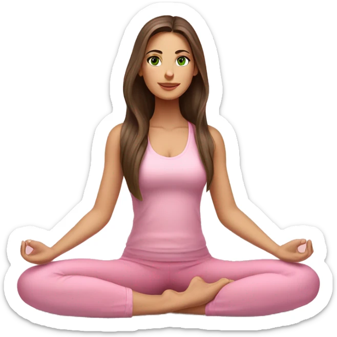 Brunette long hair and green eyes yoga beautiful girl in light pink pink pink clothes sitting on a yoga mat sticker