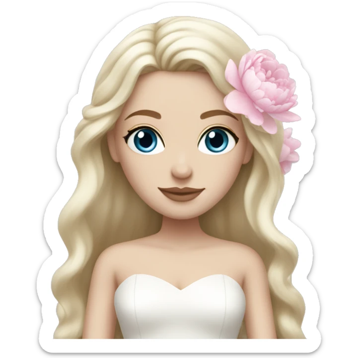 White bride with long light blonde hair and blue eyes with light pink peonies in hair white skin  sticker