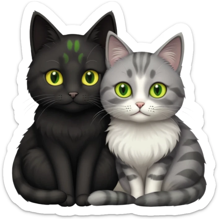 1 grey cat with green eyes and 1 black with yellow/green eyes cat cuddling sticker