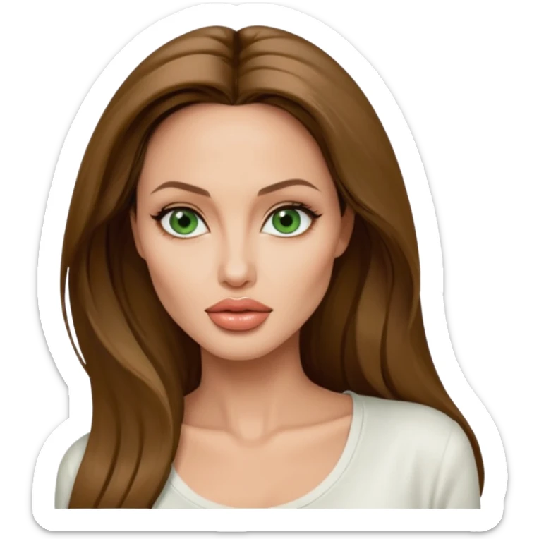 Angelina jolie , fashion model Beautiful woman model adult   large breasts  with monolid narrow green  eyes tan skin, full lips  long hair model white  top   sticker