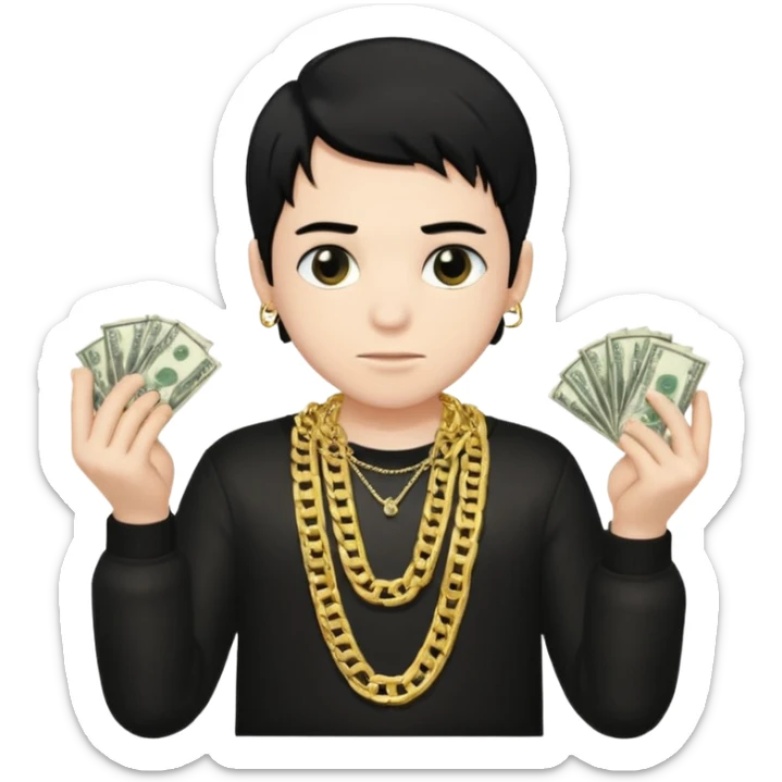 Has un chico con mucha plata en sus manos y en su alrededor, Con una cadena que diga "JovenBallin" y que tenga pelo negro y sea piel blanca sticker