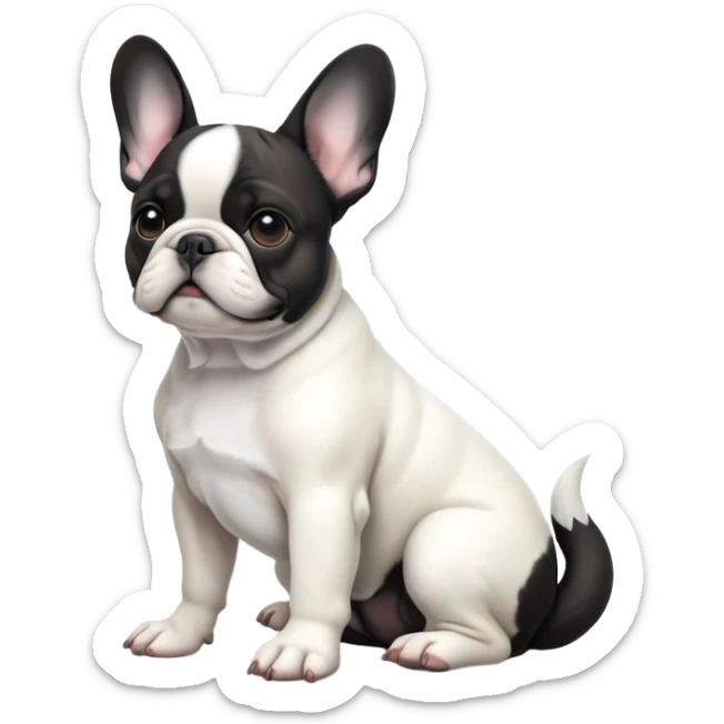 cinematic-[french bulldog]-realistic-full-body-sitting-emoji,-tail-resting-loosely-beside-its-paws,-head-tilted-dramatically,-sleek-[black ant whitepied]-fur,-simplified-yet-realistic-focused-features,-highly-detailed,-glowing-with-an-almost-sarcastic-glow sticker