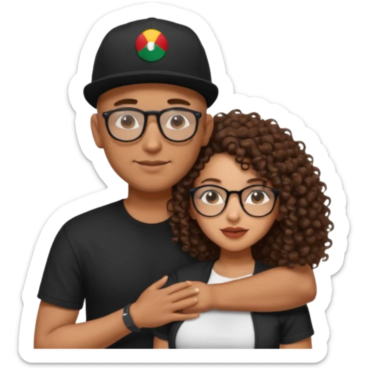 A picture of a tanned couple embracing. the guy is Mexican, with a bald hair cut and he has a SnapBack hat on. The girl is mixed, the girl is wearing a black shirt, the girl has brown curly big hair and the girl has big boobs and the girl wears glasses  sticker