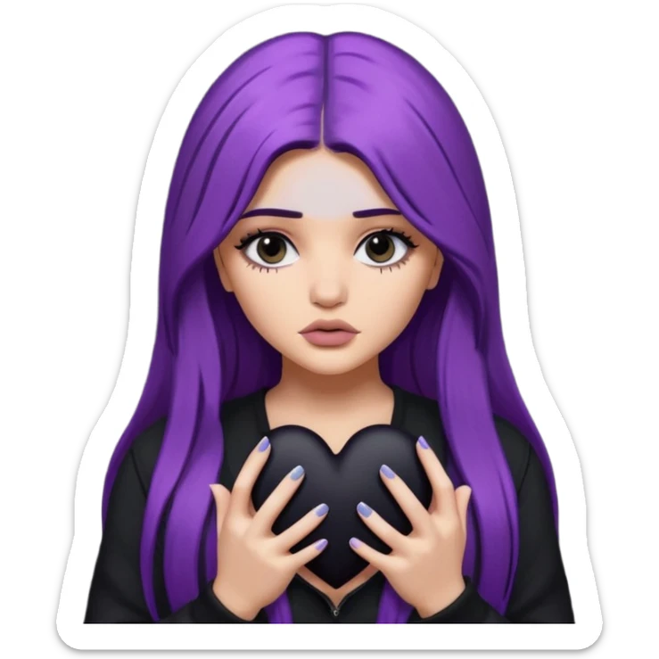 A Kylie Jenner with long purple hair is sad and holds a black heart in her hands sticker