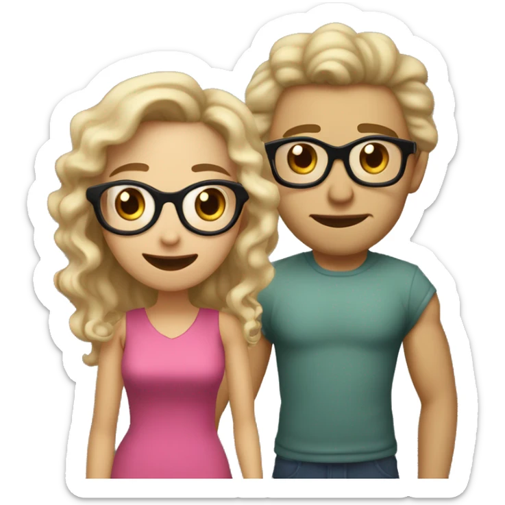 Smoothie date. woman light skin, shoulder-length curls, glasses, and a slightly shocked expression, as if she’s not excited about the date. The man should have an emo hairstyle and light or olive skin, with a happy and enthusiastic expression sticker